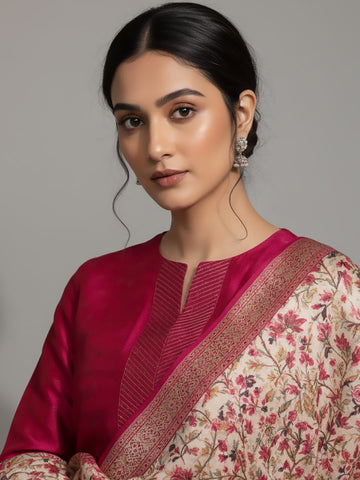 Varanga Women Pink Woven Zari Embroidered Straight Kurta With Bottom And Dupatta