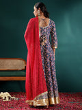 Varanga Women Navy Blue Patola Printed Anarkali Kurta Paired With Contrast Dupatta.