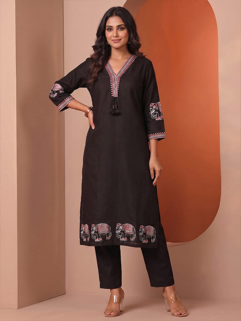 Women's Ethnic Elephant Border Kurta & Trouser With Dupatta Set