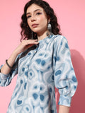 KSUT Women Turquoise Blue And White Printed Cotton Kurta
