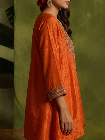 Rust Yoke Embroidered Kurta With Flared Sharara And Dupatta.