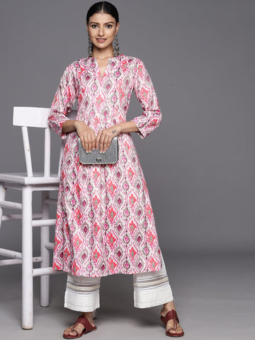 KSUT pink ikat printed mandarin collar gathered details a line kurta