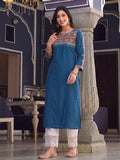 Women's Blue Yoke Embroidered Straight Kurta