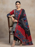 Stylish Black Straight-Fit Kurta with striped,Mughal & Ajarakh Print, Embellished Yoke, Dupatta & Trousers