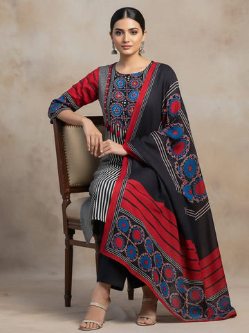 Stylish Black Straight-Fit Kurta with striped,Mughal & Ajarakh Print, Embellished Yoke, Dupatta & Trousers