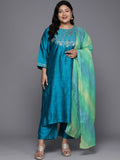 Varanga Women Plus Size Turquoise Blue Yoke Embroidered Kurta Paired With Tonal Bottom And Lehariya Dupatta