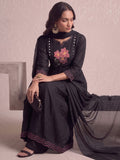 Black Embroidered Flared Kurta With Floral Yoke Detailing.