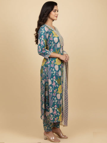 Soft Teal Botanical Print Suit set
