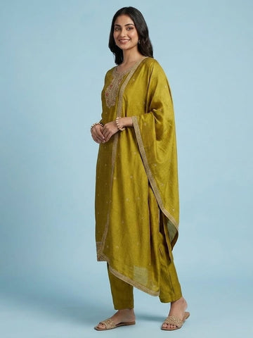 Kurta Set Featuring Beadwork Detailing, Embroidered Hem Trousers, And A Hand-Embroidered Dupatta For A Timeless Ethnic Look.