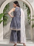 Varanga Blue And White Leheriya Halter Neckline Gota Work Kurta With Sharara And Sequins Emebllished Dupatta.
