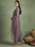 Varanga Women Elegant Three-Piece Brown Shimmer Kurta Set With Sequin Detailing, Solid Ankle-Length Trousers, And An Embroidered Dupatta