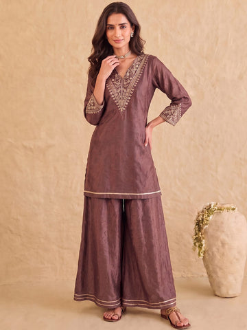 Brown Embroidered Kurta With Palazzo And Dupatta.