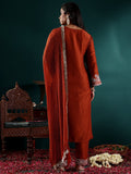 Varanga Women Rust Embroidered Straight Kurta With Bottom And Dupatta