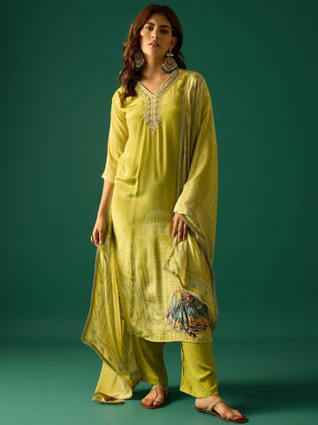Kurta With Stone-Embellished Print Paired With Solid Ankle-Length Trousers And A Printed Dupatta