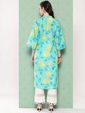 KSUT Women Turqouise Blue Floral Printed Straight Kurta With Bell Sleeves