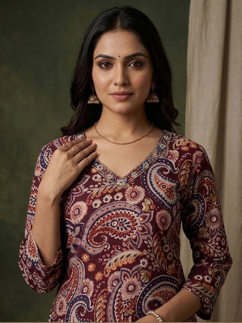 Varanga Women Paisely Printed Sequin Embroidered V Neck Kurta