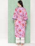 Varanga Women Lavender Floral Printed V-Neck Straight Kurta With Bell Sleeves
