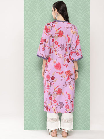 Varanga Women Lavender Floral Printed V-Neck Straight Kurta With Bell Sleeves