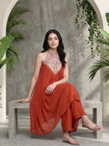 Varanga Women Halter Neck Zari And Sequence Embroidered Sleeveless Flared Kurta Paired With Tonal Bottom