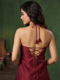 Women'S Wine-Red Jacquard Halter Neck Kurta And Palazzo Set For Festive Wear.