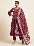 Varanga Women Ethnic Jaipuri Printed Pintuck Yoke With Trouser & Dupatta