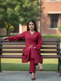 Solid straight-fit kurta with graceful embroidery and a round neckline, paired with full-length elasticated straight trousers.