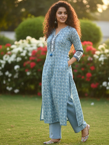 Varanga Blue Breeze Block-Print pure cotton Kurta