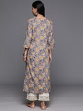 Varanga Women Mauve Floral Printed Kurta With V-Neck Three Quarter Sleeves