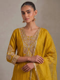 Mustard Straight-Fit Kurta With Embroidered Yoke, Paired With Solid Ankle-Length Trousers
