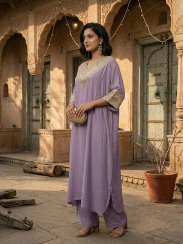 Zari Embroidered Lace Neck Flared Kaftan with Trouser