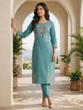 Women Floral Embroidered Teal Blue Straight Kurta Set