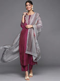 varanga women burgundy silver yoke design straight kurta trousers dupatta