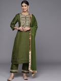 Varanga Women Olive Yoke Design Kurta Embellished With Mirror Work, Three Quarter Sleeves Detailed Paired With Tonal Bottom And Fringed Dupatta