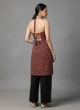 Rust Halter-Neck Backless Block Print Kurti