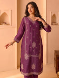 Purple Embroidered Kurta Set With Dupatta