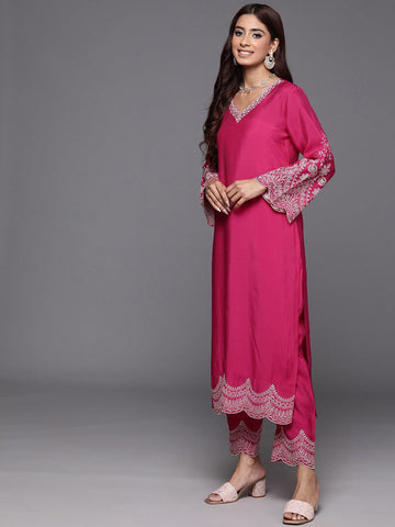 Varanga Women Pink Thread Embroidered V-Neck Straight Kurta With Bottom And Dupatta