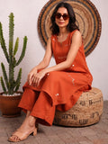 Women's Rust Sleeveless Kurta With Thread Embroidered Detailing