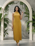 Varanga Women Mustard Halter Neck Straight Lurex Kurta with trouser