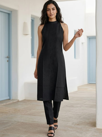 Black Halter Neck Straight Kurta With Pant