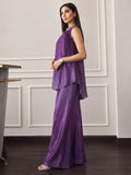 Ombere Purple Halter-Neck Co-Ord Set Featuring An Embellished Neckline And Flowy Wide-Leg Pants.
