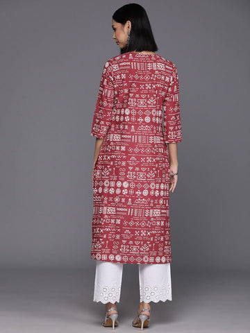 KSUT Women Maroon & White Printed Straight Kurta