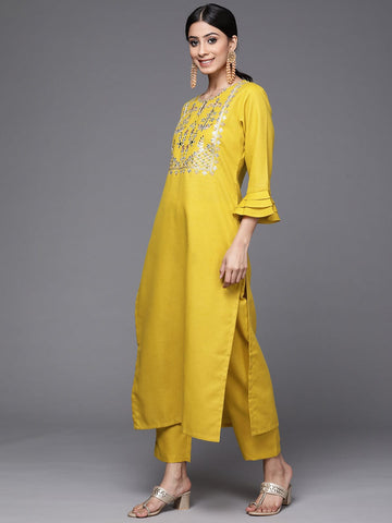 Varanga Women Yellow Yoke Design Kurta With Trousers And Dupatta Set