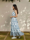 Smocked Tiered Midi in Blue Floral