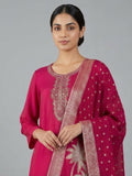 Fuchsia kurta set featuring a bead-embellished yoke, solid ankle-length trousers, and a brocade dupatta