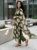 Women Olive Green Solid Kurta with Printed Organza Dupatta