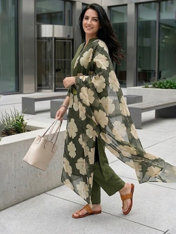 Women Olive Green Solid Kurta with Printed Organza Dupatta
