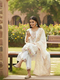varanga Women Elegant White Ethnic 3-Piece Suit Set With Woven Kurta, Straight Pants, And A Rich Brocade Dupatta.