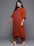 Varanga Women Plus Size Rust Shirt Collar Neck A-Line Kurta Paired With Tonal Bottom