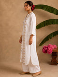 Ivory White Embroidered Kurta With Mandarin Collar And Geometric Thread Work