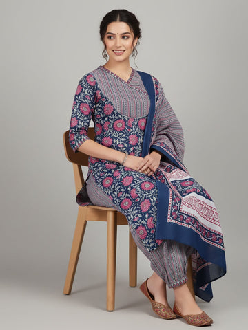 Varanga Women Ethnic Floral Printed V Neck Kurta With Stripper Trouser & Dupatta
